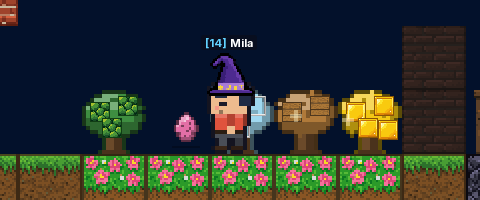 Fruit trees growing on flower beds, next to a player in a wizard hat.
