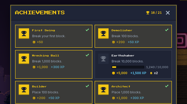 The achievements panel: 16 of 21 unlocked, each with Lox and XP rewards.