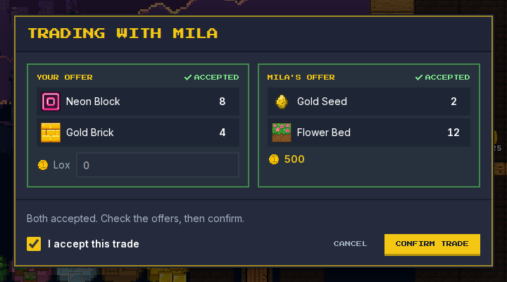 The trade window: both players have accepted an offer of blocks, seeds and 500 Lox and are about to confirm.