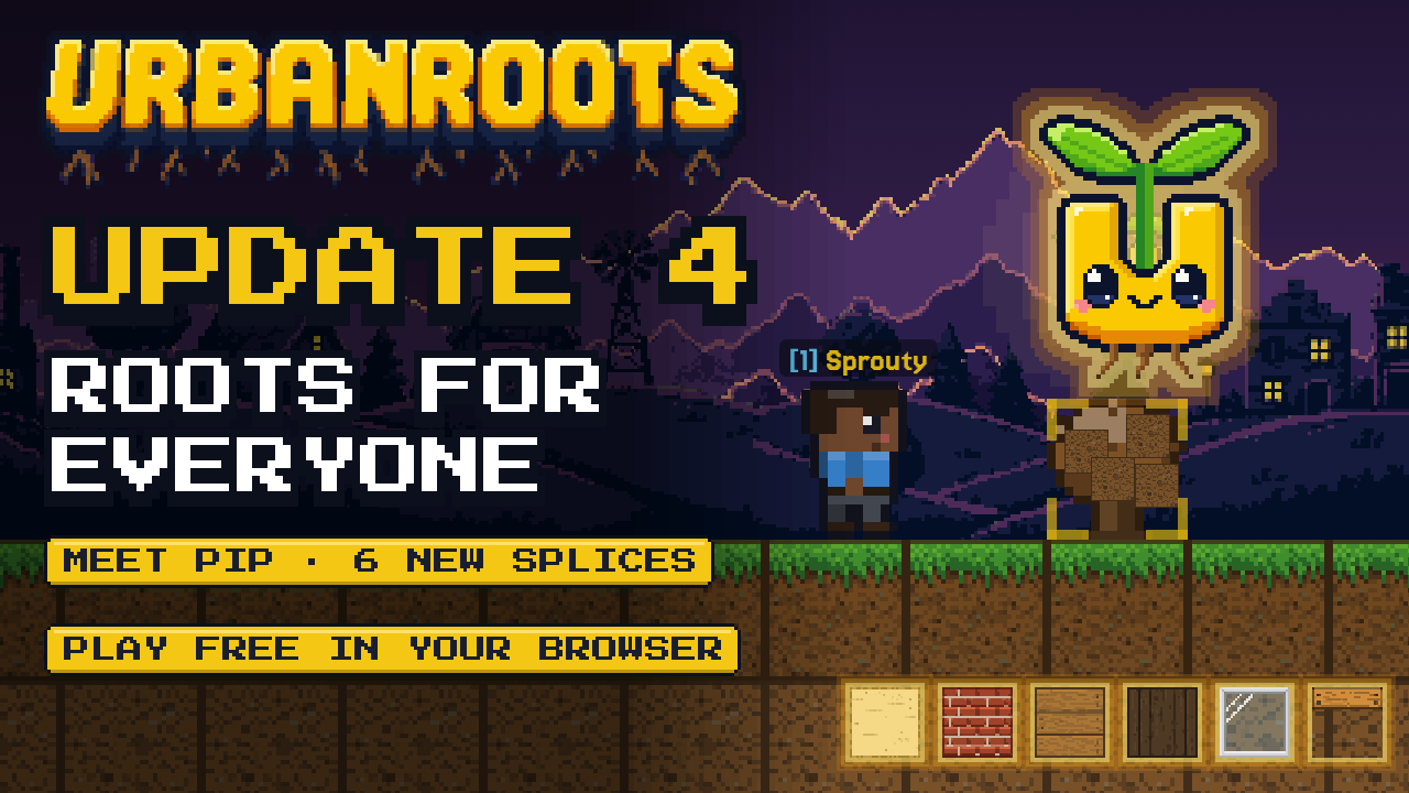 Update 4: Roots for Everyone. Pip flies over a ripe tree beside a new player, above six blocks to splice.